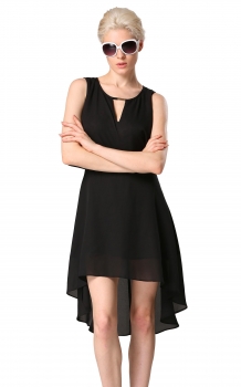 

Angvns Black Women Fashion Sexy Chiffon Round Neck Sleeveless Backless Irregular Hem Lace Patchwork Solid Going Out Dresses, Multicolor