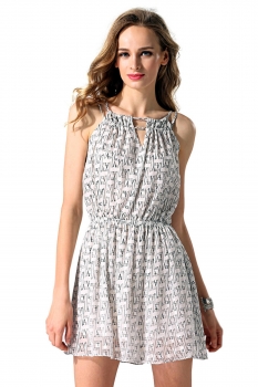 

White Finejo Women Retro Sexy Spaghetti Strap V Neck Hollow Back Letters Pattern Casual Dresses, Multicolor