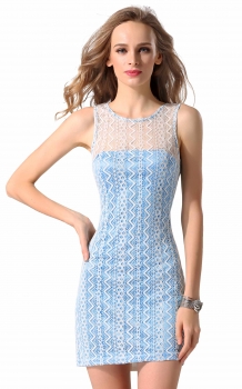 

FINEJO Blue&White Women's Neck Sleeveless Lace Party Dresses, Multicolor