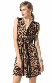 

FINEJO Leopard Stylish Women V Neck Sleeveless Drape Ruched Slim Casual Sundress Tank Going Out Dresses, Multicolor