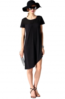 

Finejo Black Fashion Women O-Neck Patchwork A-Line Asymmetric Hem Loose Casual Dresses, Multicolor