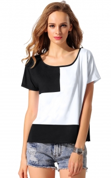 

Black&White Loose Short Sleeve Contrast Color Patchwork T-Shirts, Multicolor