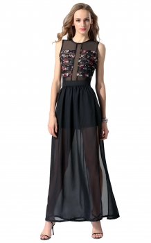 

Black Finejo Women Sexy Fashion Chiffon Patchwork Side Split Evening Long Party Dresses, Multicolor