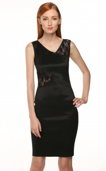 

FINEJO Black Women Ladies Sexy Sleeveless Lace Patchwork Hollow Going Out Dresses, Multicolor