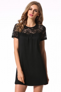

Finejo Black Ladies Women Sexy Short Sleeve Lace Patchwork Backless Club Mini A-line Casual Dresses, Multicolor