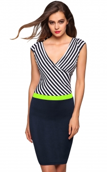 

Black&White Plunge Neck Stripes Patchwork Pencil Dress, Multicolor