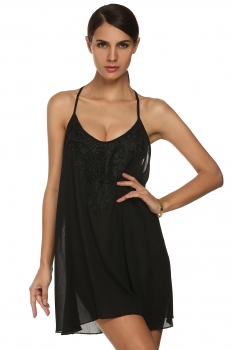 

Finejo Black Ladies Women Chiffon Strap Lace Decor Casual Beach Loose Mini A-Line Going Out Dresses, Multicolor