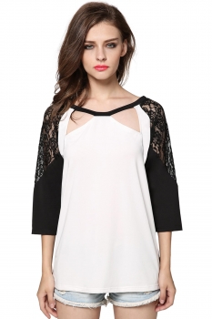 

White Finejo Stylish Ladies Women Lace Patchwork Front Hollow Out Tank Tops Shirts & Blouses, Multicolor