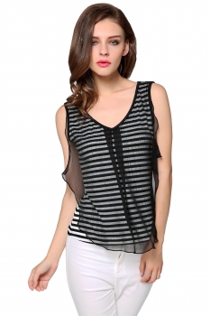 

Black&White V Neck Chiffon Patchwork Stripes T-shirt Tops, Multicolor