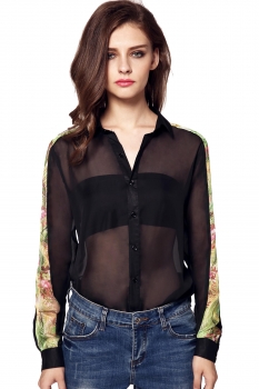 

FINEJO Black Ladies Women Turn Down Neck Long Sleeve Casual Basic Loose Patchwork Chiffon Button Tops Shirts & Blouses, Multicolor