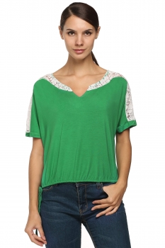

Finejo Green Women Fashion Casual Loose V Neck Short Batwing Sleeve Hollow Lace Patchwork Tank Tops Shirts & Blouses, Multicolor