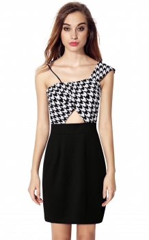 

Finejo Black New Stylish Women Casual Spaghetti Strap Asymmetrical Grid Print Going Out Dresses, Multicolor
