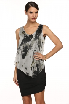 

Finejo Black New Stylish Women Sleeveless V Neck Painting Chiffon Patchwork Casual Dresses, Multicolor