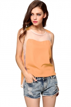 

Finejo Apricot Fashion Women O-Neck Sleeveless Mesh Patchwork Back See-through Tops Vests Tanks & Camis, Multicolor