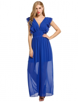 

Blue Deep V Neck Sleeveless Solid Chiffon Jumpsuit, Multicolor