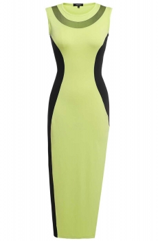 

Finejo Green Women Fashion Sexy Sleeveless Sheer Mech Patchwork Contrast Color Bodycon Split Long Maxi Party Clubwear Going Out Dresses, Multicolor