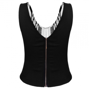 

Angvns Black Women Fashion Sexy Lady Sleeveless Neck Backless Stripe Patchwork Splicing Crop Slim Shirt Tops Vests Tanks & Camis, Multicolor