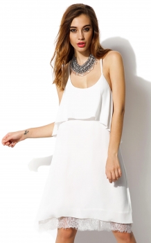 

ANGVNS White Stylish Ladies Spaghetti Strap Sleeveless Multi-Layer Lace Hem Loose Beach Going Out Dresses, Multicolor