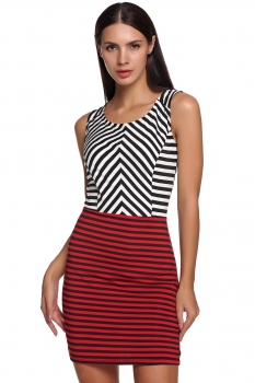 

FINEJO Red&Black Fashion Women Stripe Stitching O-Neck Sleeveless Slim Bodycon Mini Pencil Tank Casual Going Out Dresses, Multicolor