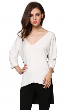 

White Stitching Sides Split Asymmetric V Neck 3"4 Sleeve Tops, Multicolor