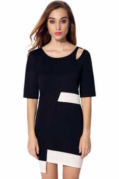 

Black Finejo Women Fashion Sexy Hollow Shoulder Half Sleeve Contrast Color Patchwork Slim Casual Dresses, Multicolor