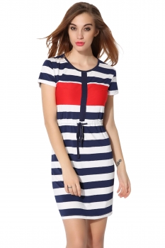 

Blue Crew Neck Striped Patchwork Elastic Comfy Casual Dress, Multicolor