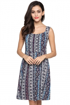 

Blue Finejo Sweet Ladies Women Sleeveless U-Neck Floral Mini Casual Dresses, Multicolor
