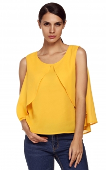 

FINEJO Yellow Stylish Ladies O-Neck Sleeveless Two-Layer Solid Loose Casual Chiffon Tops Vests Tanks & Camis, Multicolor