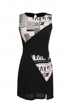 

FINEJO Black Stylish Ladies Splicing Letters Print Round Neck Sleeveless Slim Tank Casual Dresses, Multicolor