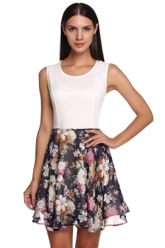 

Finejo White Stylish Ladies Floral Patchwork O-Neck Sleeveless Slim Casual Tank Going Out Dresses, Multicolor