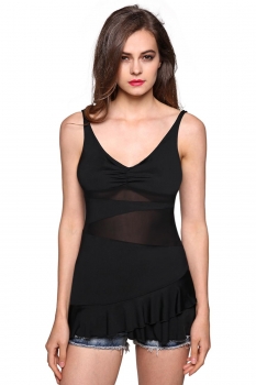 

FINEJO Black Stylish Ladies Neck Mesh Patchwork Casual Flouncing Hem Top Vests Tanks & Camis, Multicolor