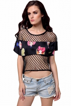 

Finejo Black Women Fashion Sexy O-Neck Batwing Sleeve Hollow Out Patchwork Asymmetrical Hem Shirts & Blouses Crop Tops, Multicolor