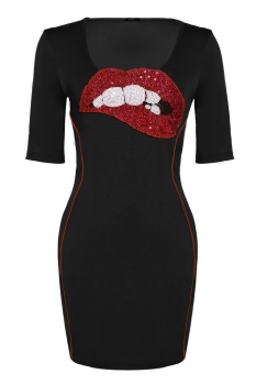 

Black Slim Sequin Decoration Medium Sleeve Mini Casual Dress, Multicolor