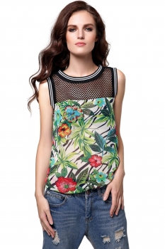 

FINEJO Green Stylish Ladies Floral Stitching O-Neck Sleeveless Casual Long Tops Vests Tanks & Camis, Multicolor