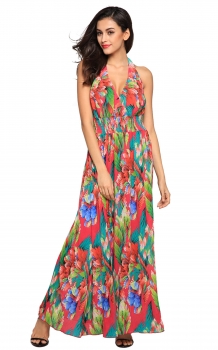 

FINEJO Red Sexy Women Beach Prom Backless Halter Bandage Floral Print Long Maxi Casual Dresses, Multicolor