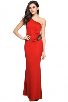 

Red Finejo Fashion Ladies Women Sexy Single Shoulder Gauze Patchwork Party Casual Evening Dresses, Multicolor