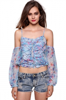 

Blue FINEJO Women Floral Sexy Cold Shoulder Strap Long Sleeve Casual Chiffon Crop Top, Multicolor