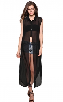 

FINEJO Black Stylish Women Sleeveless Split Long Shirts & Blouses, Multicolor