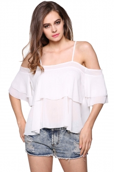 

White Solid Straps Cold Shoulder Ruffle Blouse Tops, Multicolor