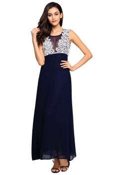 

Blue O-neck Floor Length Bridesmaid Lace Patchwork Prom Dress, Multicolor