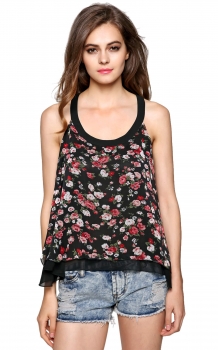 

Black Finejo Sweet Women Sexy Spaghetti Strap Backless Floral Loose Summer Blouse Tops Vests Tanks & Camis, Multicolor