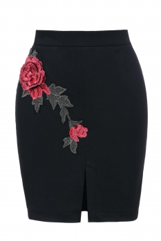 

Black FINEJO Elegant Ladies Chinese Style Slim Hip Package Flower Decoration Casual Mini Skirts, Multicolor