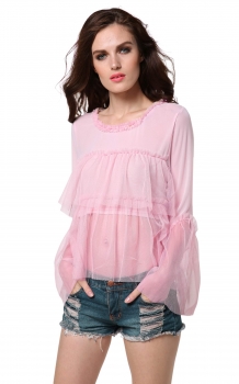 

FINEJO Pastel pink Women Mesh Patchwork Ruffles Sweet Pink Shirts & Blouses Casual Tops, Multicolor