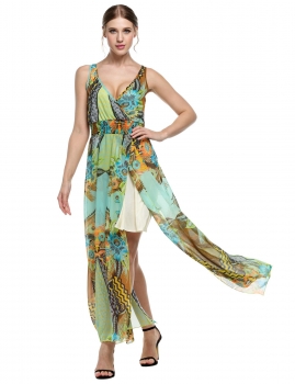 

Green Finejo Women Bohemia Style V-Neck Tank Maxi Casual Dresses, Multicolor