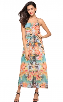

FINEJO Multi-Colour Women V Neck Spaghetti Strap Backless Floral Chiffon Casual Dresses, Multicolor