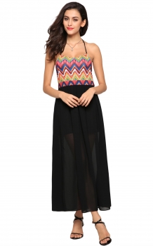 

FINEJO Black Women National Style Spaghetti Strap Chiffon Patchwork Maxi Going Out Dresses, Multicolor