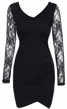 

Black Long Sleeve V Neck Sexy Lace Patchwork Going Out Dress, Multicolor