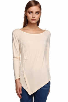 

FINEJO Apricot Stylish Ladies O-Neck Long Sleeve Asymmetric Hem Slim Solid Bottoming & Blouses Tank Tops T-Shirts, Multicolor