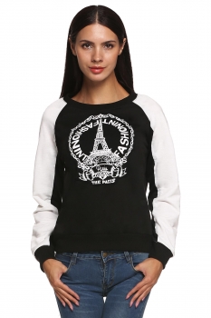 

Black Raglan Sleeve Patchwork Letter Print Pullover Sweatshirt, Multicolor