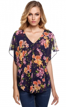 

Blue Floral Butterfly Sleeve V Neck Chiffon Blouse, Multicolor